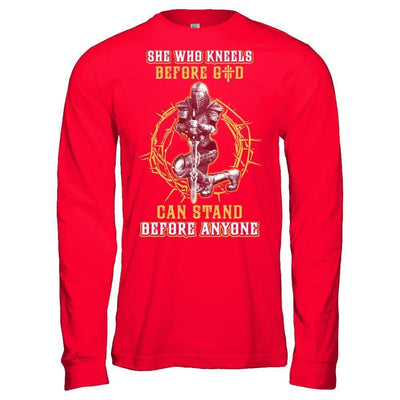 Knight Templar She Who Kneels Before God Can Stand Before Anyone-T-Shirt & Hoodie-Long Sleeve T-Shirt-Red