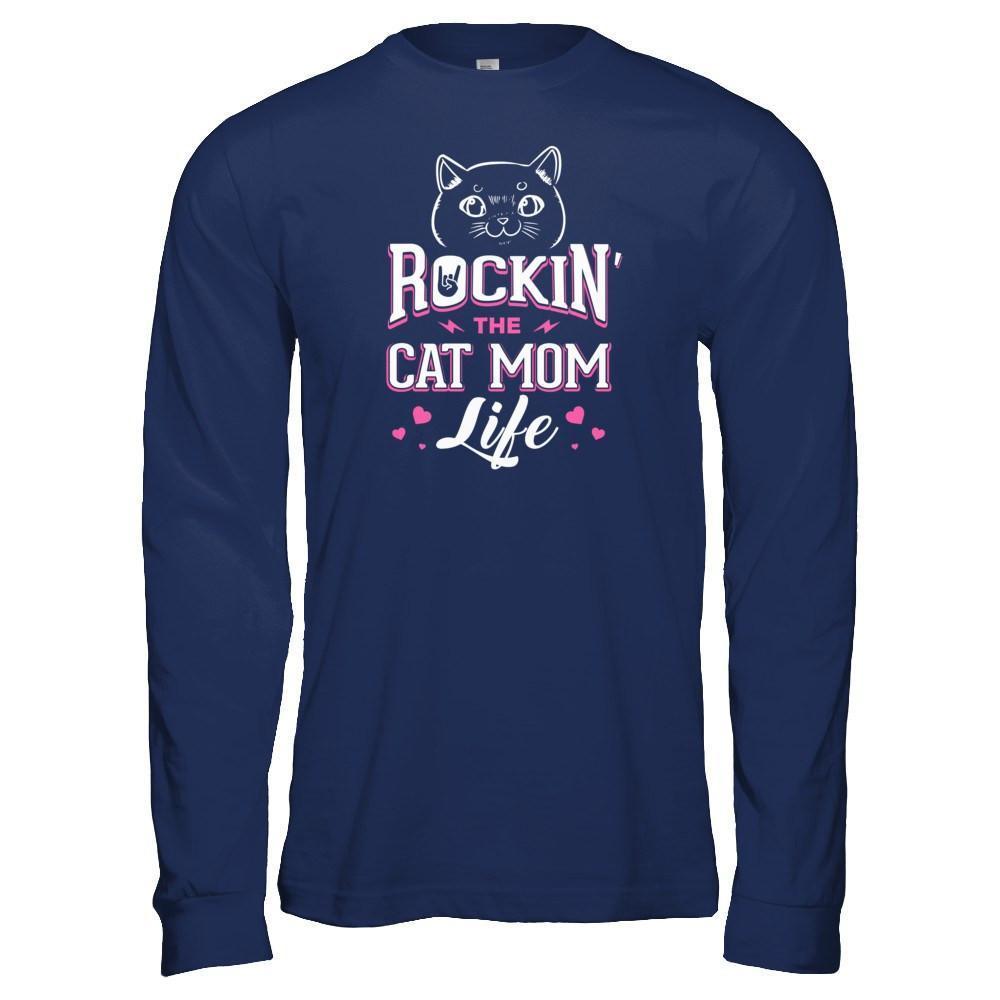 Rocking The Cat Mom Life-T-Shirt & Tank Top-Long Sleeve T-Shirt-Navy