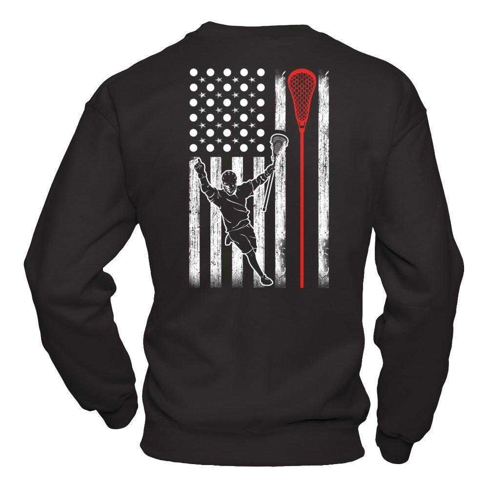 Lacrosse American Flag-T-Shirt & Hoodie-Crewneck Sweatshirt-Black