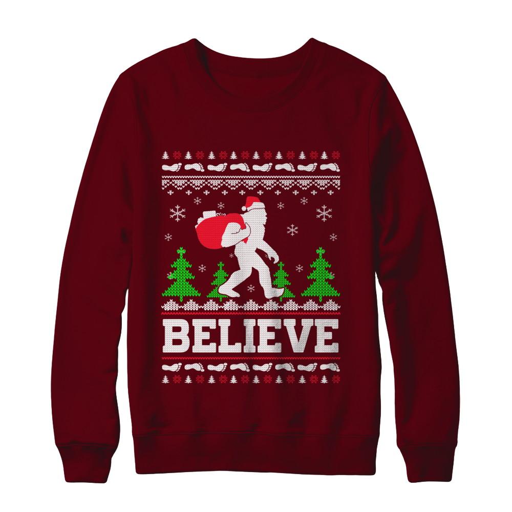 Christmas Believe Bigfoot Ugly Xmas Sweater-T-Shirt & Sweatshirt-Crewneck Sweatshirt-Maroon
