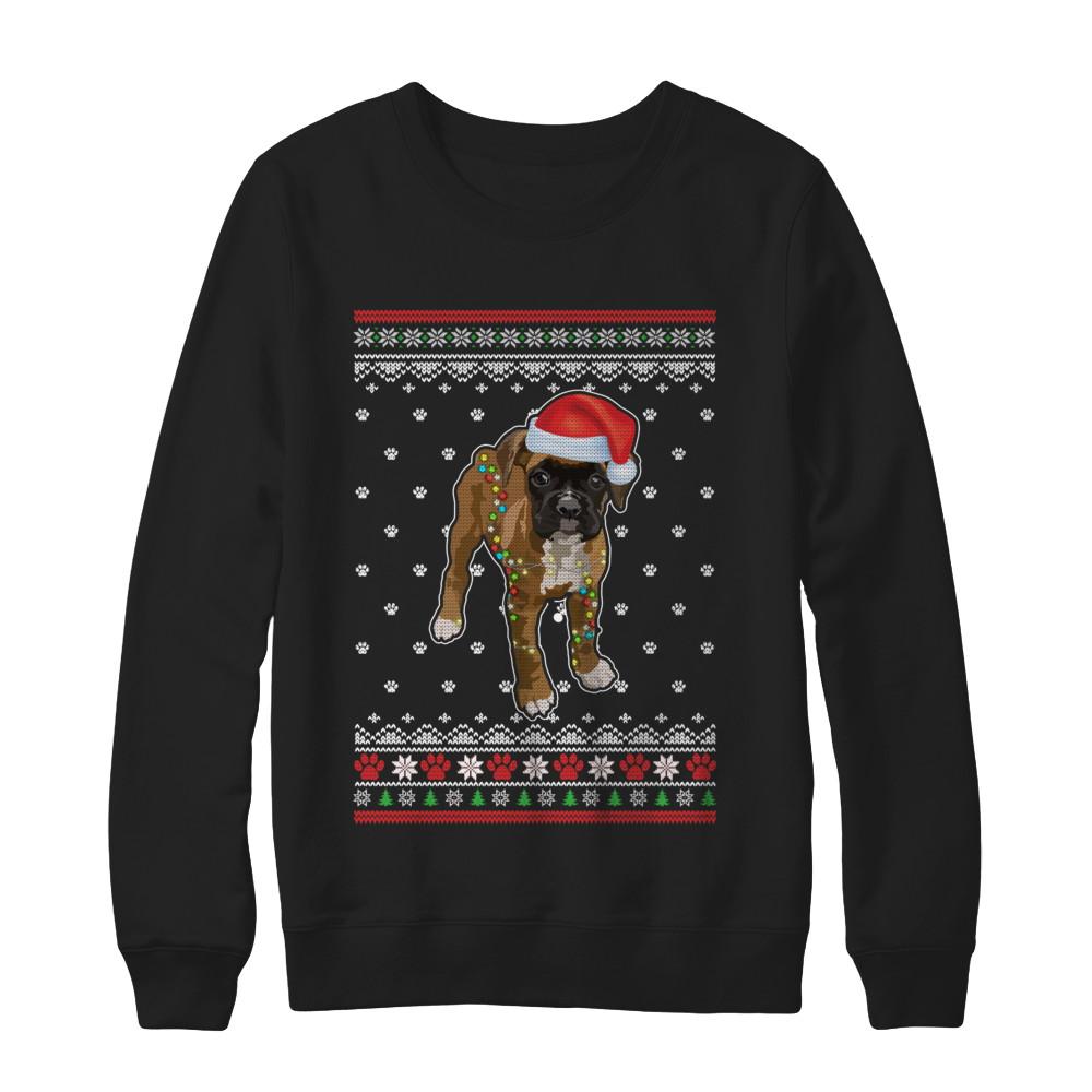 Boxer Christmas Ugly Sweater Lights Dog Xmas Gift-T-Shirt & Sweatshirt-Crewneck Sweatshirt-Black