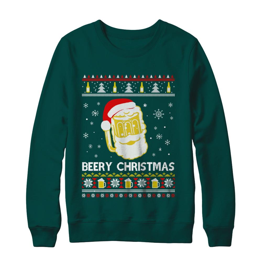 Beery Christmas Ugly Christmas Sweater Christmas Beer-T-Shirt & Sweatshirt-Crewneck Sweatshirt-Deep Forest