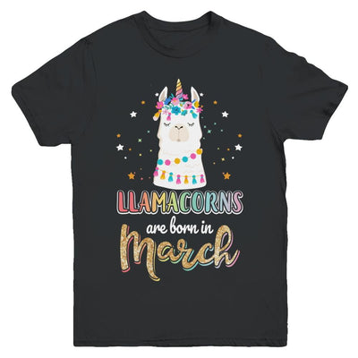 Llama Unicorn Llamacorns Born In March Birthday Gift Youth-Youth Shirt-Youth T-Shirt-Black