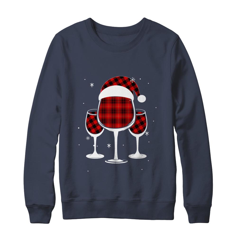Red Plaid Buffalo Wine Santa Hat Christmas-T-Shirt & Sweatshirt-Crewneck Sweatshirt-Navy