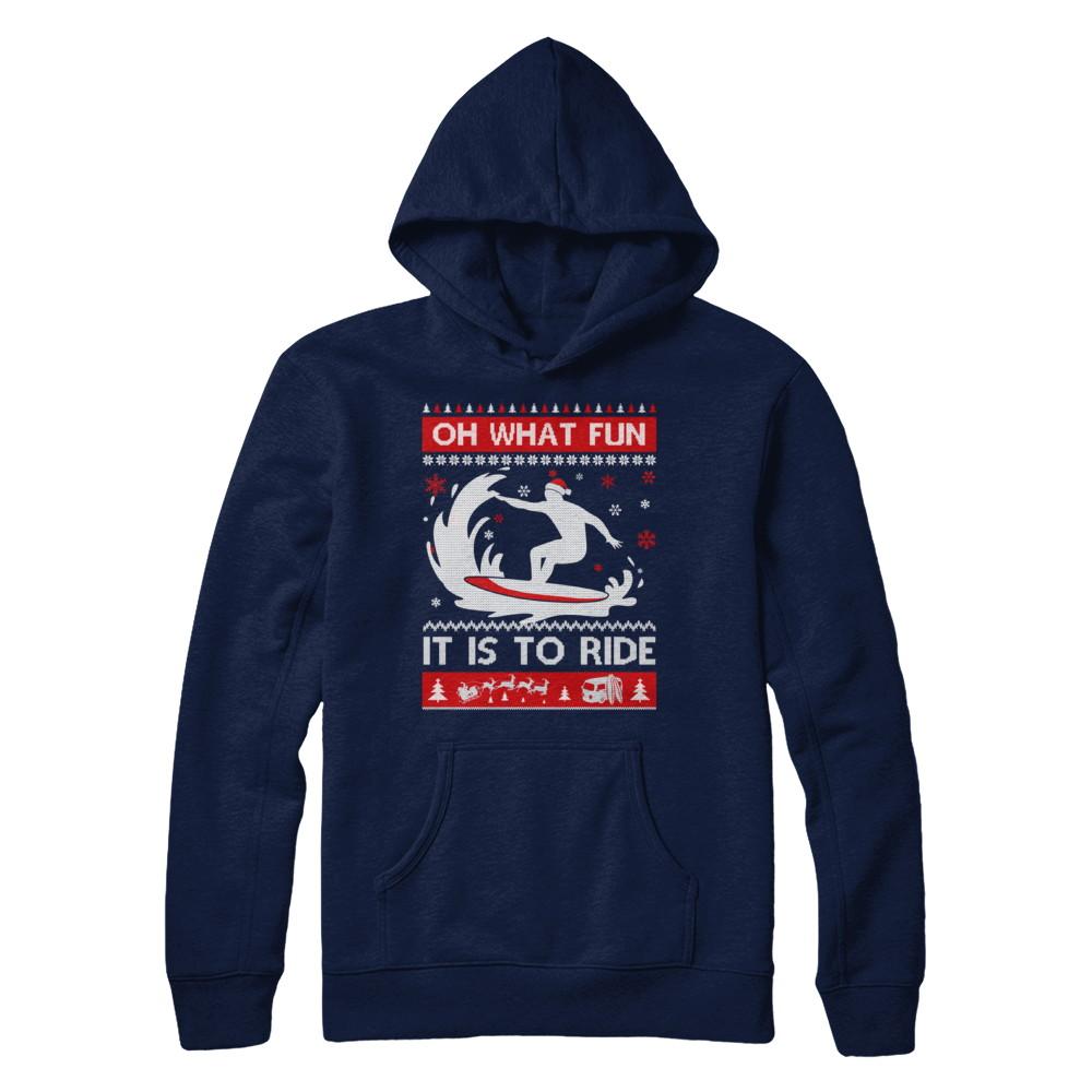 Oh What Fun It Is To Ride Sweater Christmas Surfing-T-Shirt & Sweatshirt-Pullover Hoodie-Navy