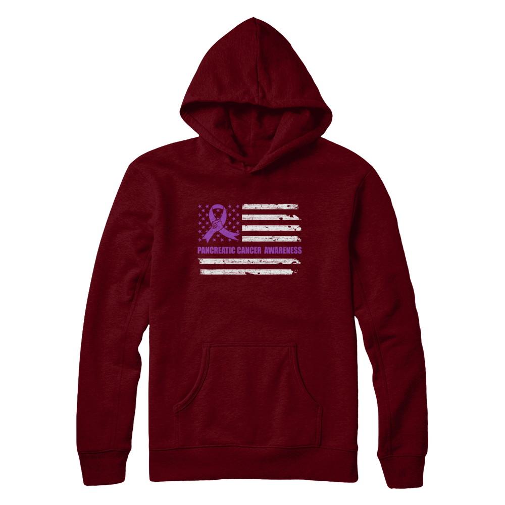 Purple Ribbon Pancreatic Cancer Awareness US Flag-T-Shirt & Hoodie-Pullover Hoodie-Maroon