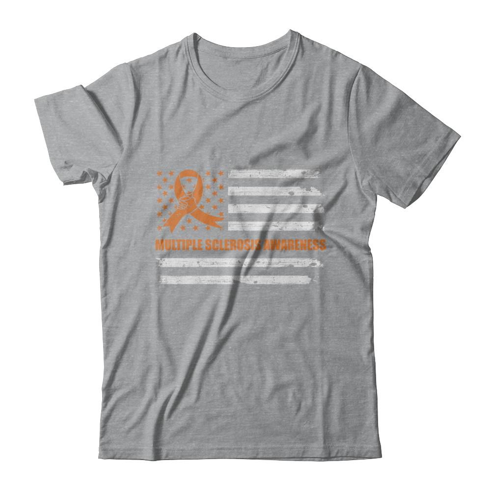 Orange Ribbon Multiple Sclerosis Awareness US Flag-T-Shirt & Hoodie-Classic T-Shirt-Sport Grey