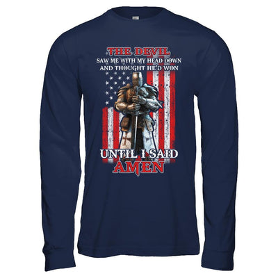 Knight American The Devil Saw Me With My Head Down Veteran-T-Shirt & Hoodie-Long Sleeve T-Shirt-Navy