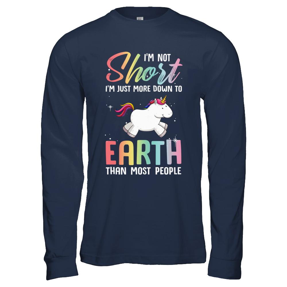 I'm Not Short Im Just More Down To Earth Than People Unicorn-T-Shirt & Hoodie-Long Sleeve T-Shirt-Navy