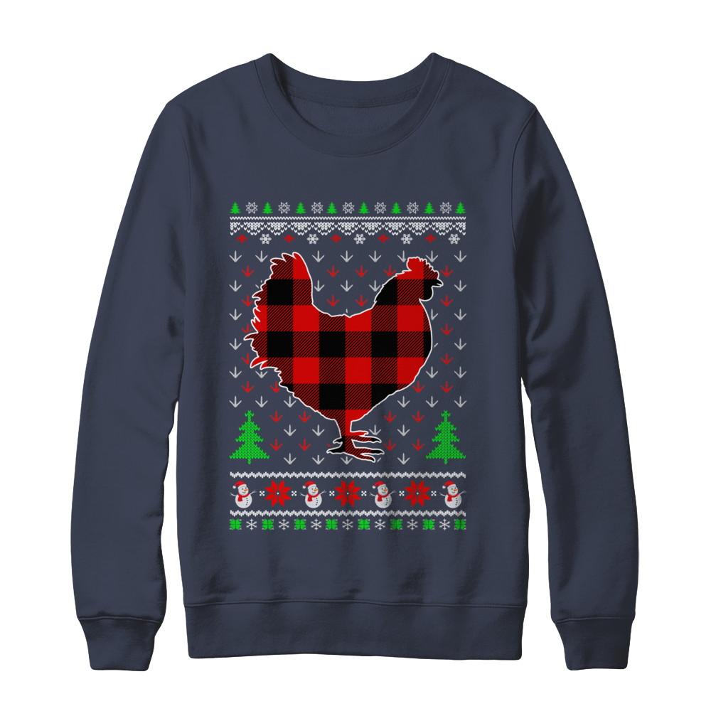 Funny Holiday Chicken Red Plaid Ugly Christmas Sweater-T-Shirt & Sweatshirt-Crewneck Sweatshirt-Navy