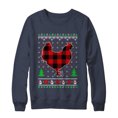 Funny Holiday Chicken Red Plaid Ugly Christmas Sweater-T-Shirt & Sweatshirt-Crewneck Sweatshirt-Navy