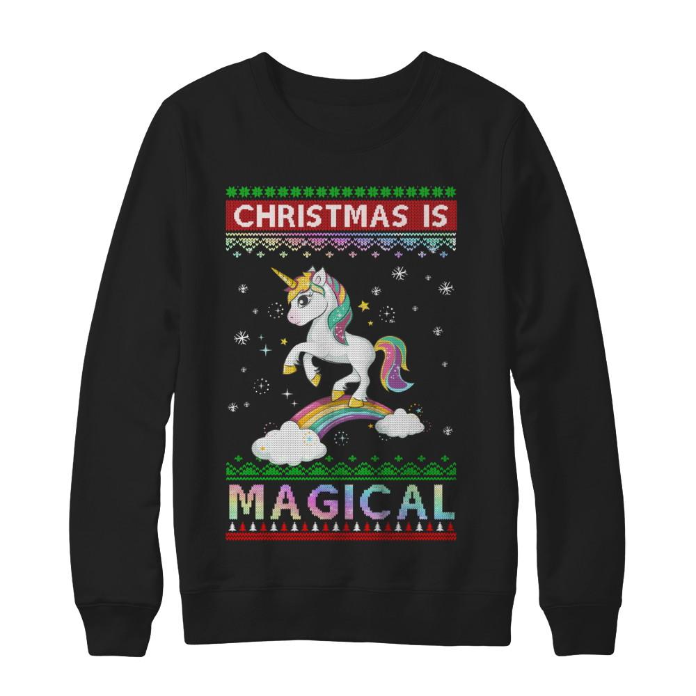 Christmas Is Magical Unicorn Ugly Christmas Sweater-T-Shirt & Sweatshirt-Crewneck Sweatshirt-Black