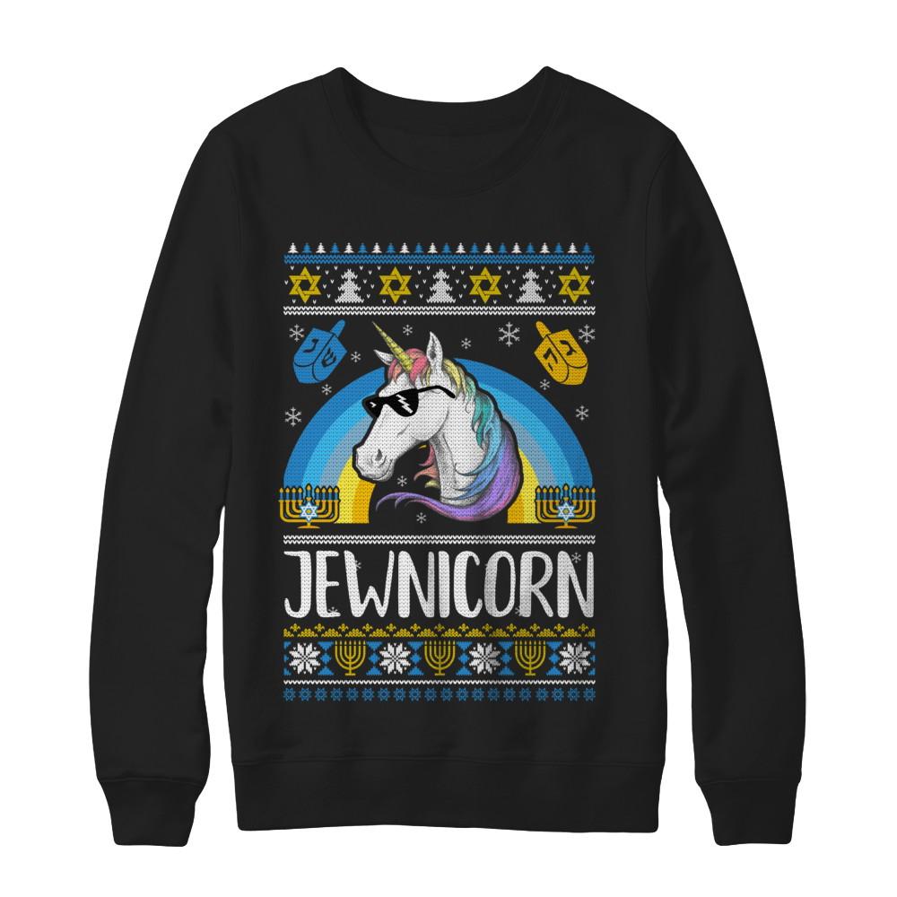 Jewnicorn Funny Jewish Unicorn Hanukkah Chanukah Sweater-T-Shirt & Sweatshirt-Crewneck Sweatshirt-Black
