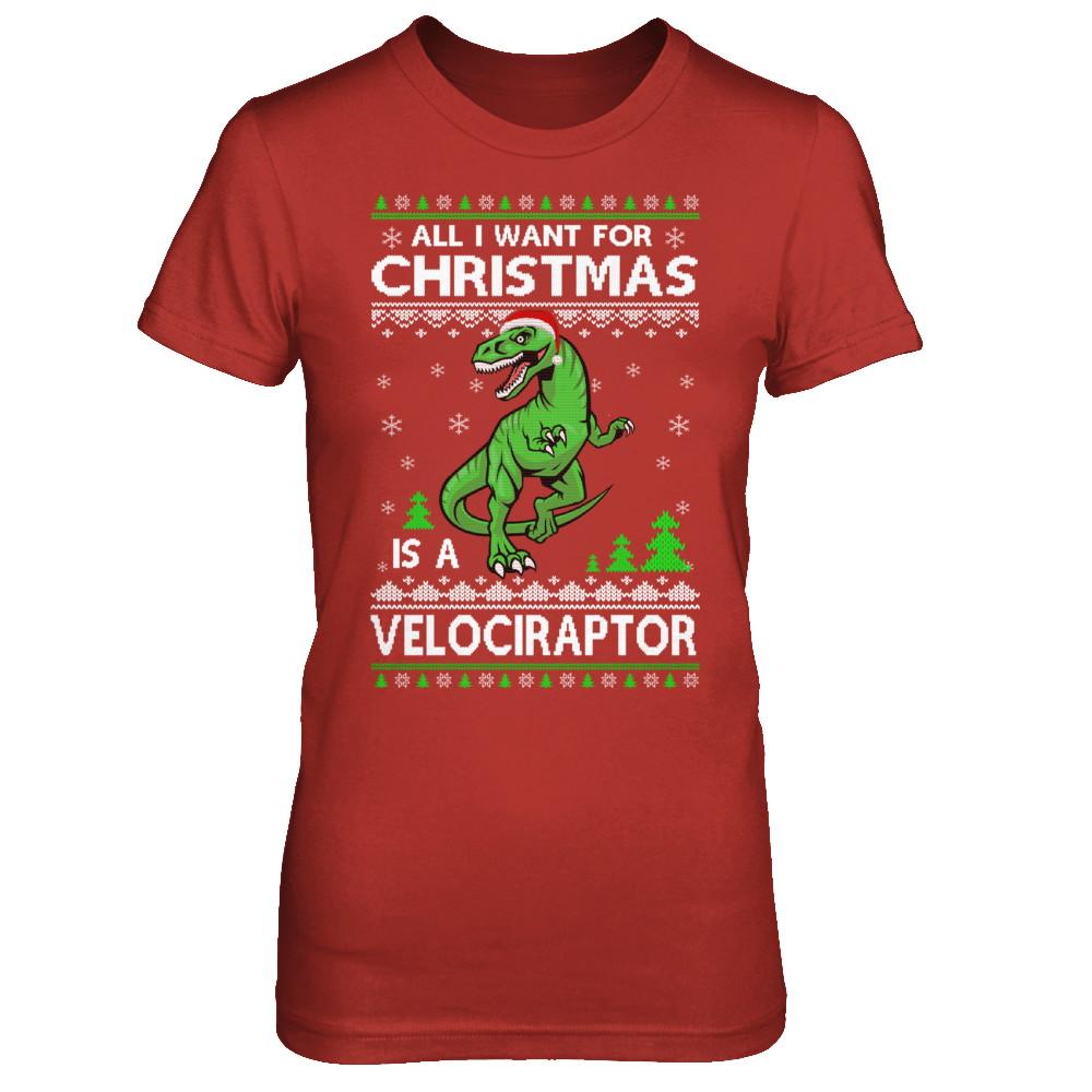 Funny Velociraptor Dinosaur Christmas Ugly Sweater-T-Shirt & Sweatshirt-Women's T-Shirt-Red