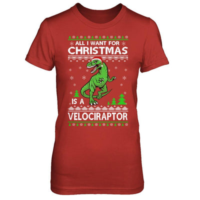 Funny Velociraptor Dinosaur Christmas Ugly Sweater-T-Shirt & Sweatshirt-Women's T-Shirt-Red