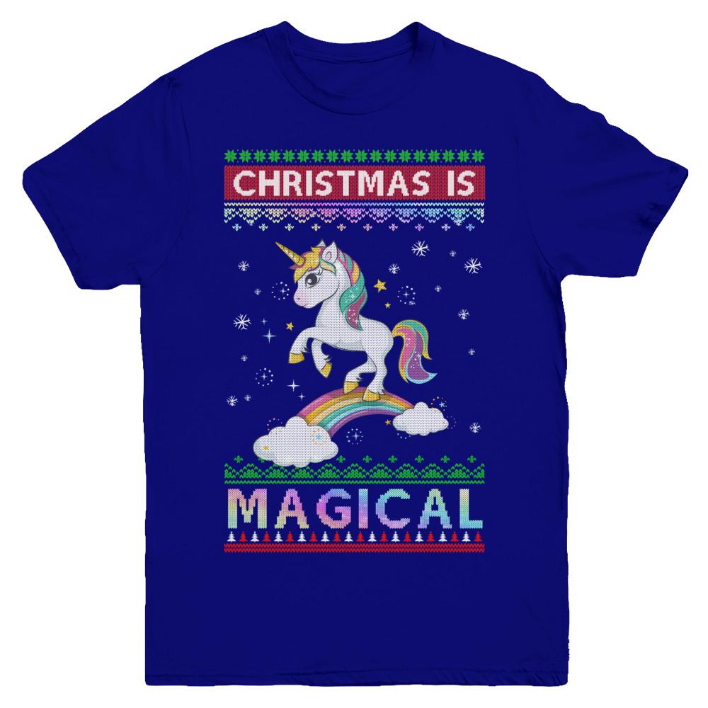 Christmas Is Magical Unicorn Ugly Christmas Sweater Youth-Youth Shirt-Youth T-Shirt-Navy