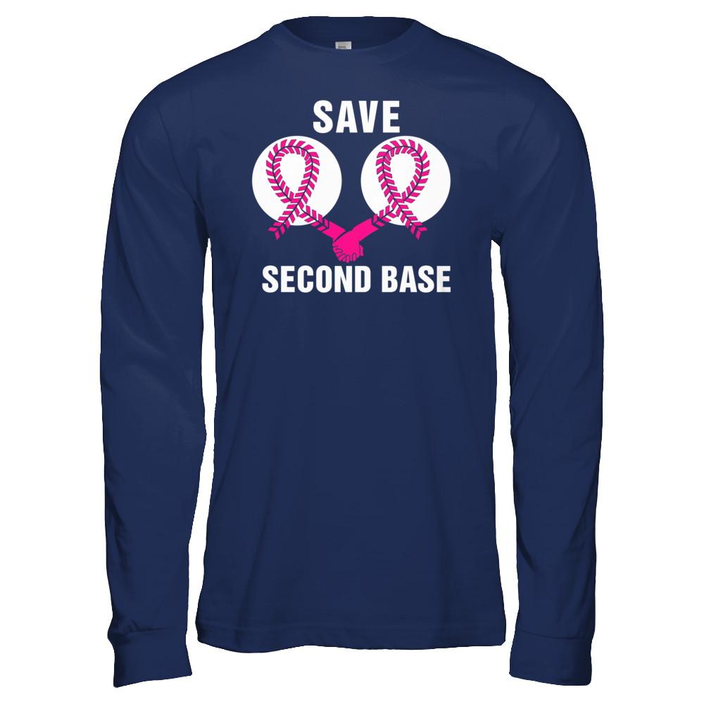 Save The Second Base Breast Cancer Awareness Baseball-T-Shirt & Hoodie-Long Sleeve T-Shirt-Navy