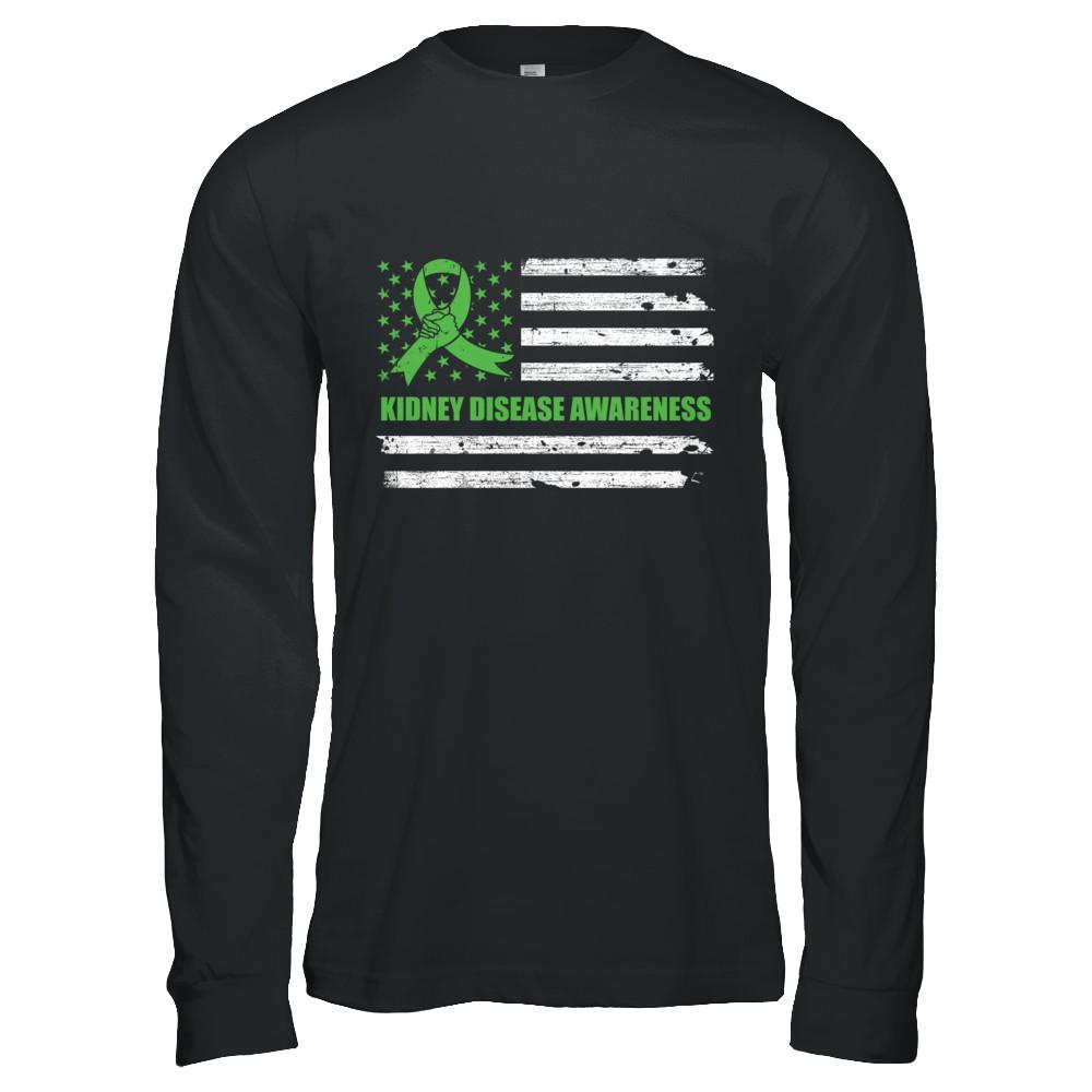 Green Ribbon Kidney Disease Awareness US Flag-T-Shirt & Hoodie-Long Sleeve T-Shirt-Black