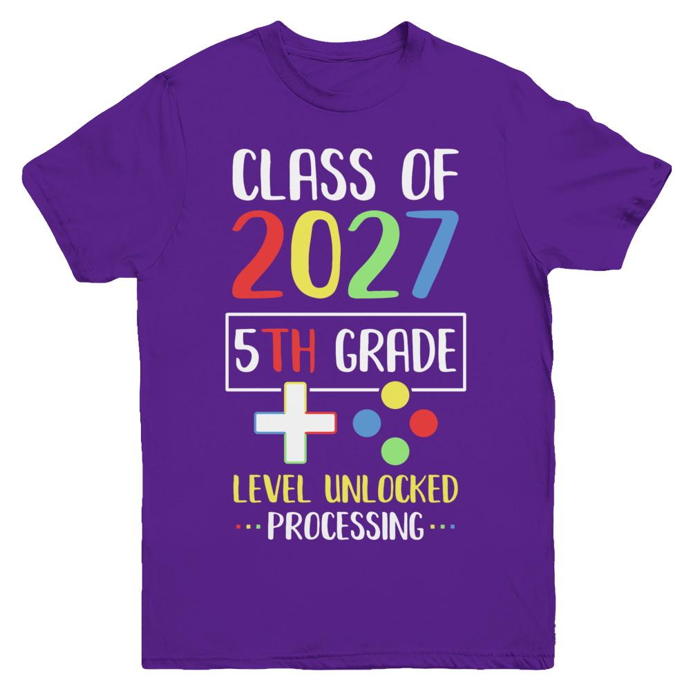 Class Of 2027 5th Grade Level Unlock Gaming Back Go School Youth-Youth Shirt-Youth T-Shirt-Purple