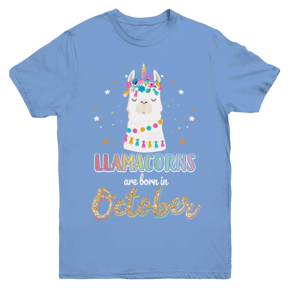 Llama Unicorn Llamacorns Born In October Birthday Gift Youth-Youth Shirt-Youth T-Shirt-Carolina Blue
