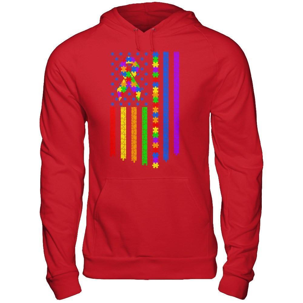 Autism Awarenes American Flag-T-Shirt & Hoodie-Pullover Hoodie-Red