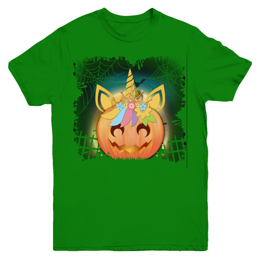 Kids Girls Unicorn Pumpkin Queen Halloween Youth-Youth Shirt-Youth T-Shirt-Irish Green