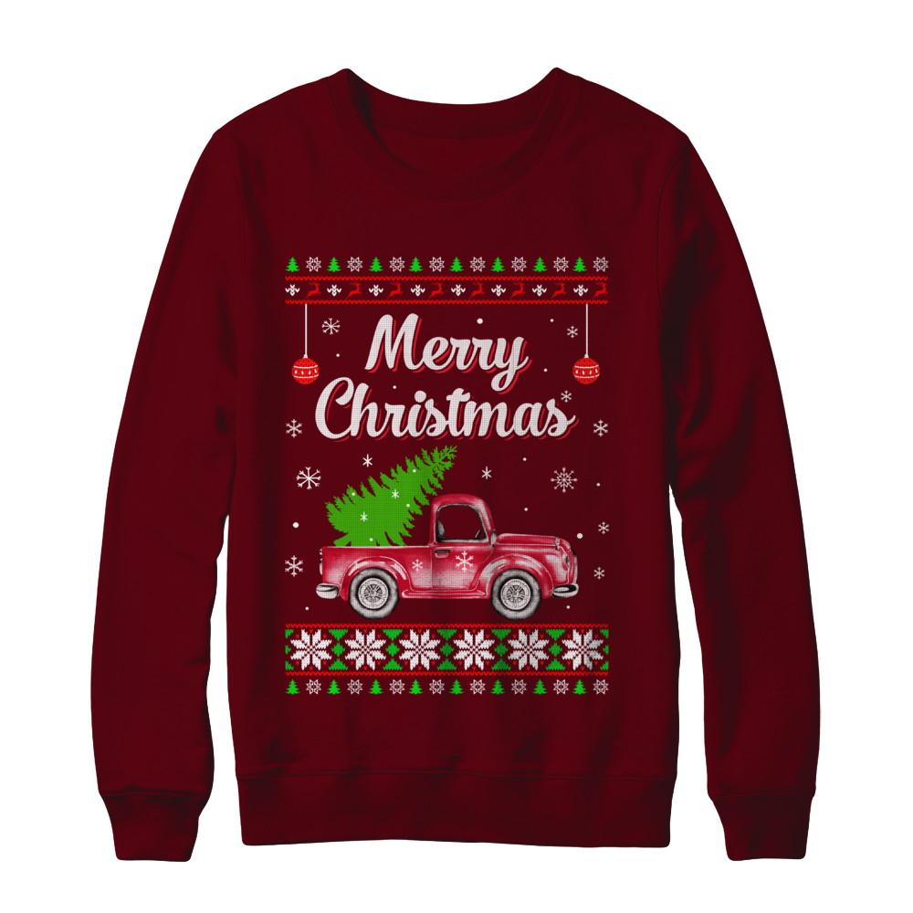 Snow Tree Truck Merry Christmas Ugly Sweater-T-Shirt & Sweatshirt-Crewneck Sweatshirt-Maroon