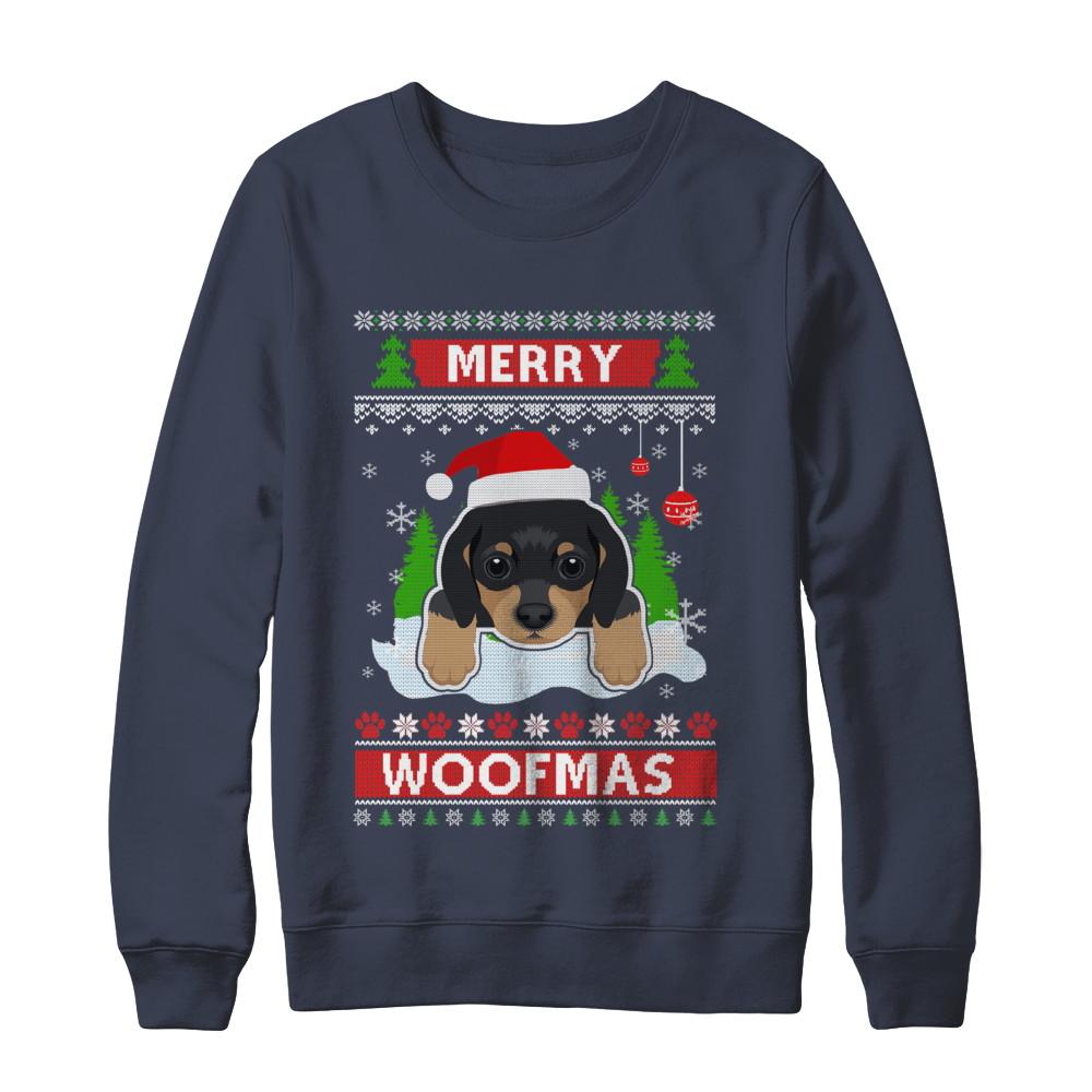 Dachshund Merry Woofmas Ugly Christmas Sweater-T-Shirt & Sweatshirt-Crewneck Sweatshirt-Navy
