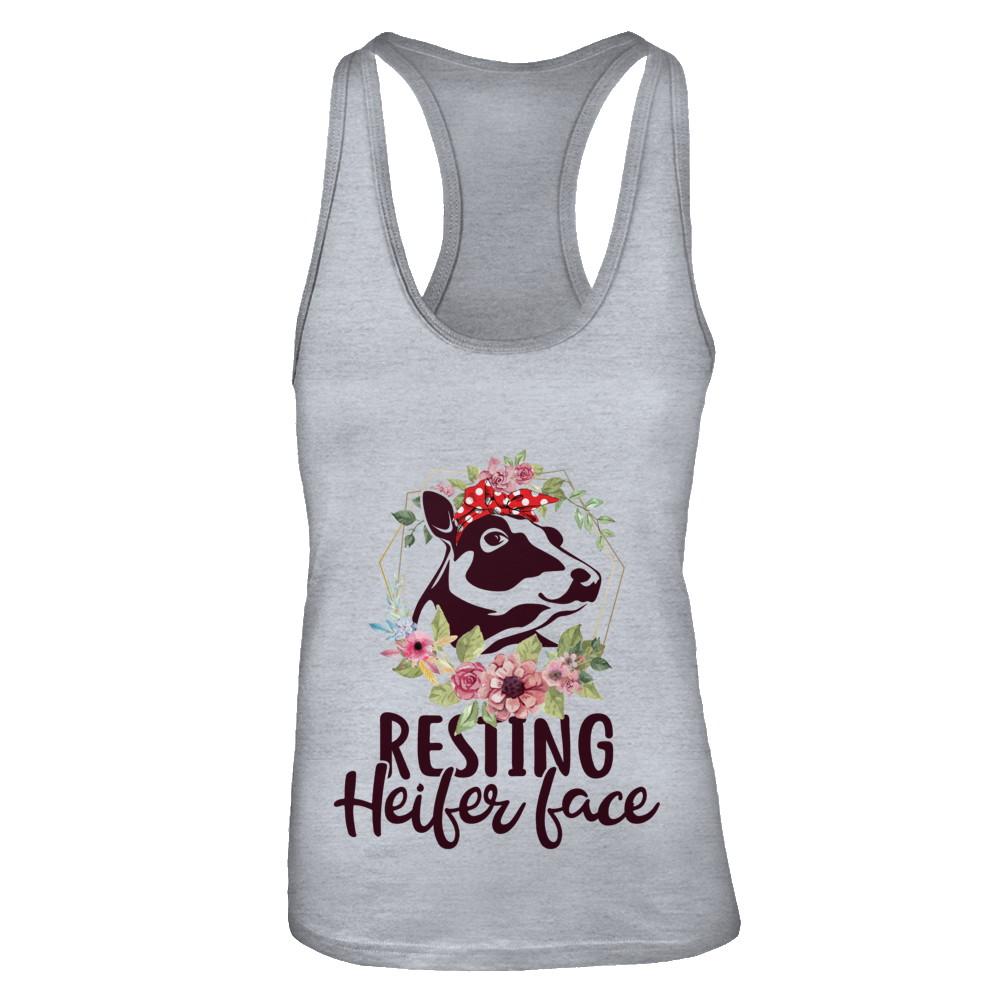 Funny Farmer Women Girl Cow Resting Heifer Face-T-Shirt & Tank Top-Women's Ideal Racerback Tank-Heather Grey