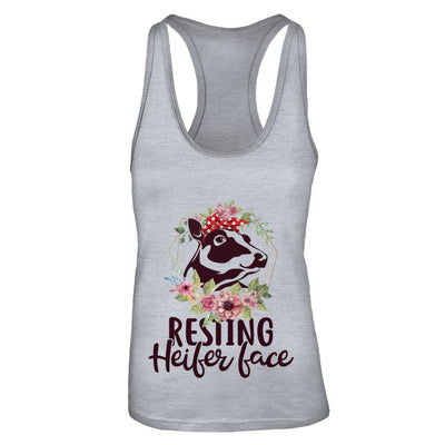 Funny Farmer Women Girl Cow Resting Heifer Face-T-Shirt & Tank Top-Women's Ideal Racerback Tank-Heather Grey