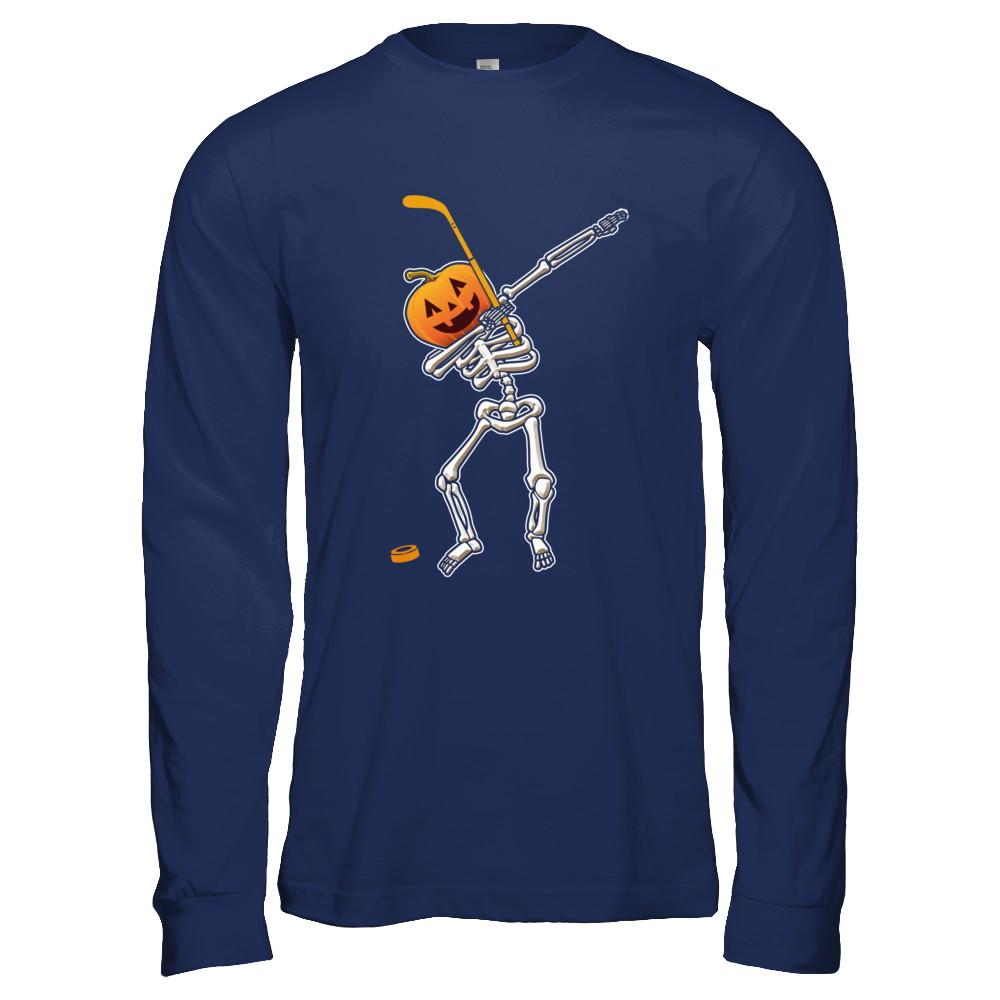 Halloween Dabbing Skeleton Hockey-T-Shirt & Hoodie-Long Sleeve T-Shirt-Navy