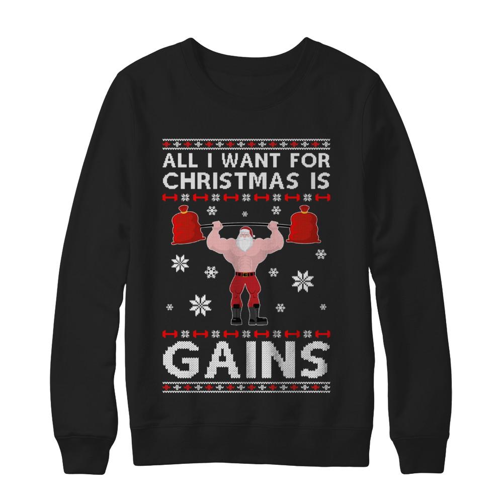 All I Want For Christmas Is Gains Fitness Gym Ugly Sweater-T-Shirt & Sweatshirt-Crewneck Sweatshirt-Black