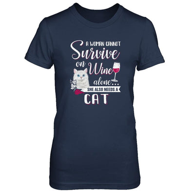 A Woman Can't Survive On Wine Alone Cat-T-Shirt & Tank Top-Women's T-Shirt-Navy