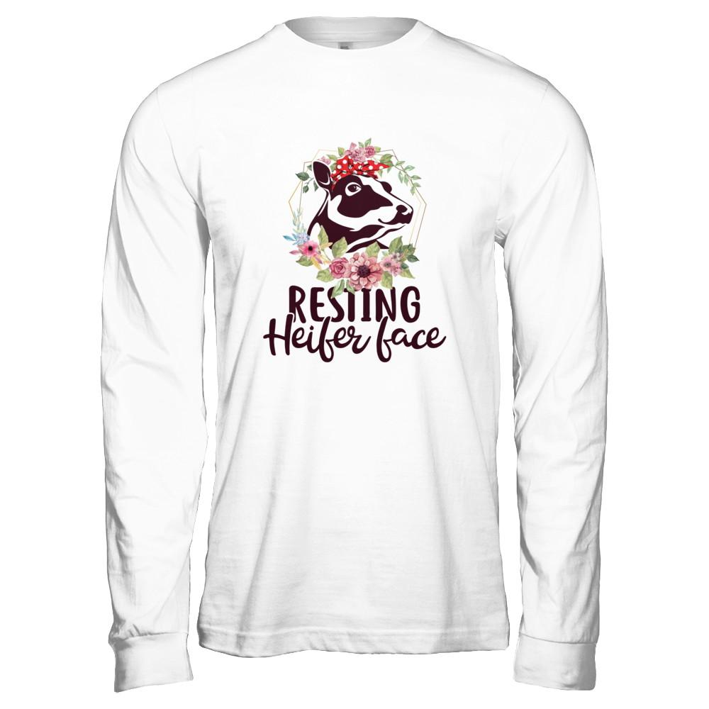 Funny Farmer Women Girl Cow Resting Heifer Face-T-Shirt & Tank Top-Long Sleeve T-Shirt-Heather Grey