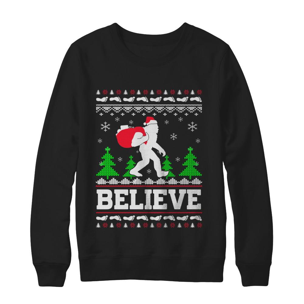Christmas Believe Bigfoot Ugly Xmas Sweater-T-Shirt & Sweatshirt-Crewneck Sweatshirt-Black
