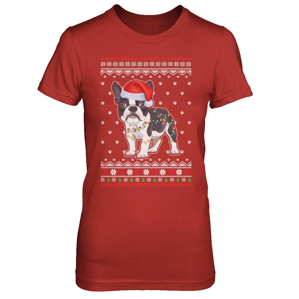 Bulldog Christmas Ugly Sweater Lights Dog Xmas Gift-T-Shirt & Sweatshirt-Women's T-Shirt-Red