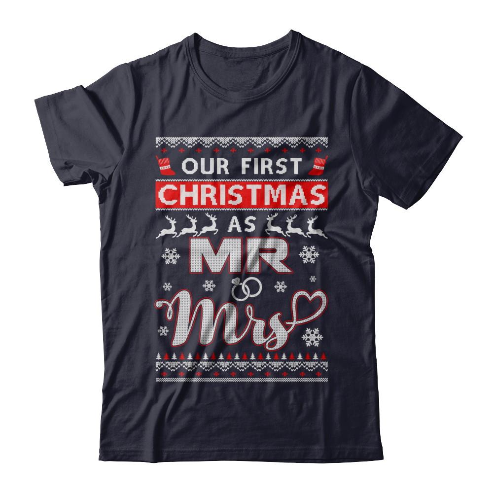 Couple Wife Husband Our First Christmas As Mr & Mrs Sweater-T-Shirt & Sweatshirt-Premium T-Shirt-Midnight Navy