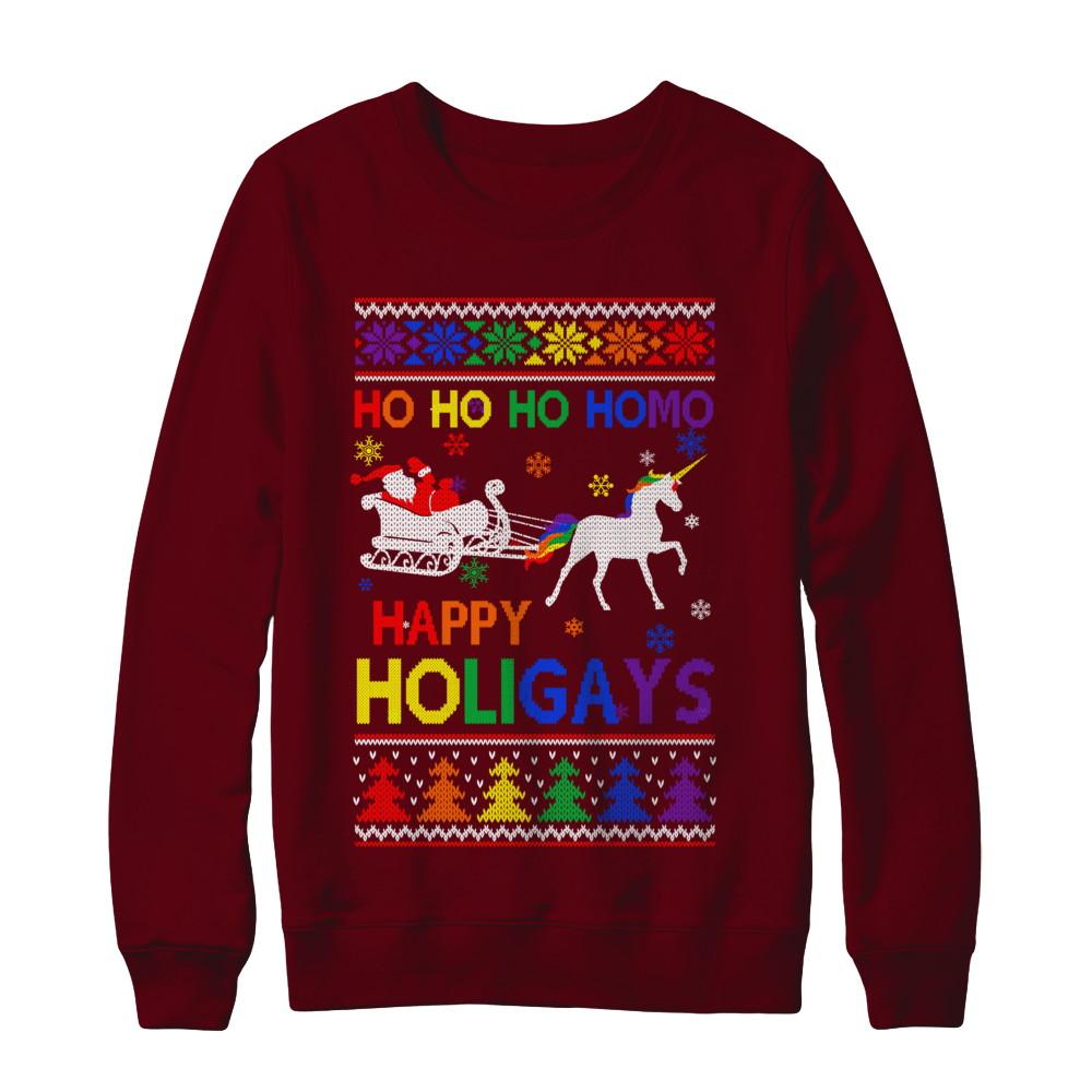 Ho Ho Ho Santa Riding Unicorrn Happy Holigays LGBT-T-Shirt & Sweatshirt-Crewneck Sweatshirt-Maroon