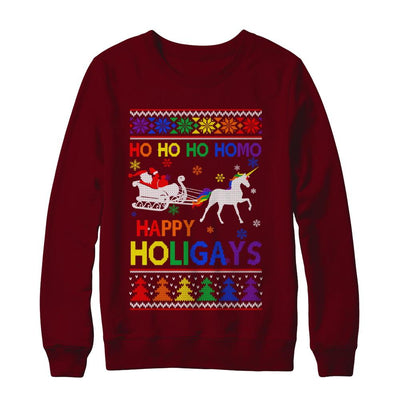Ho Ho Ho Santa Riding Unicorrn Happy Holigays LGBT-T-Shirt & Sweatshirt-Crewneck Sweatshirt-Maroon