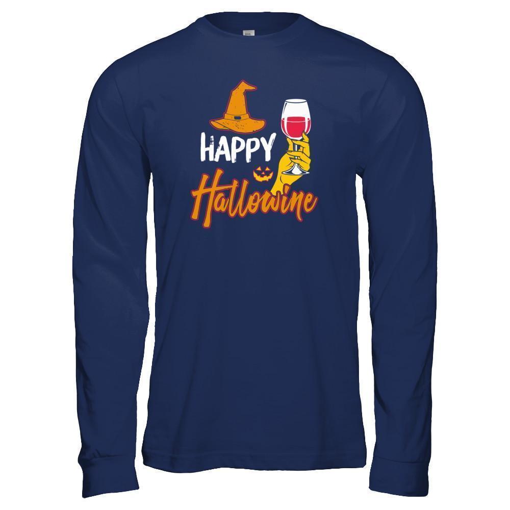 Halloween Happy Hallowine For Wine Lover-T-Shirt & Tank Top-Long Sleeve T-Shirt-Navy