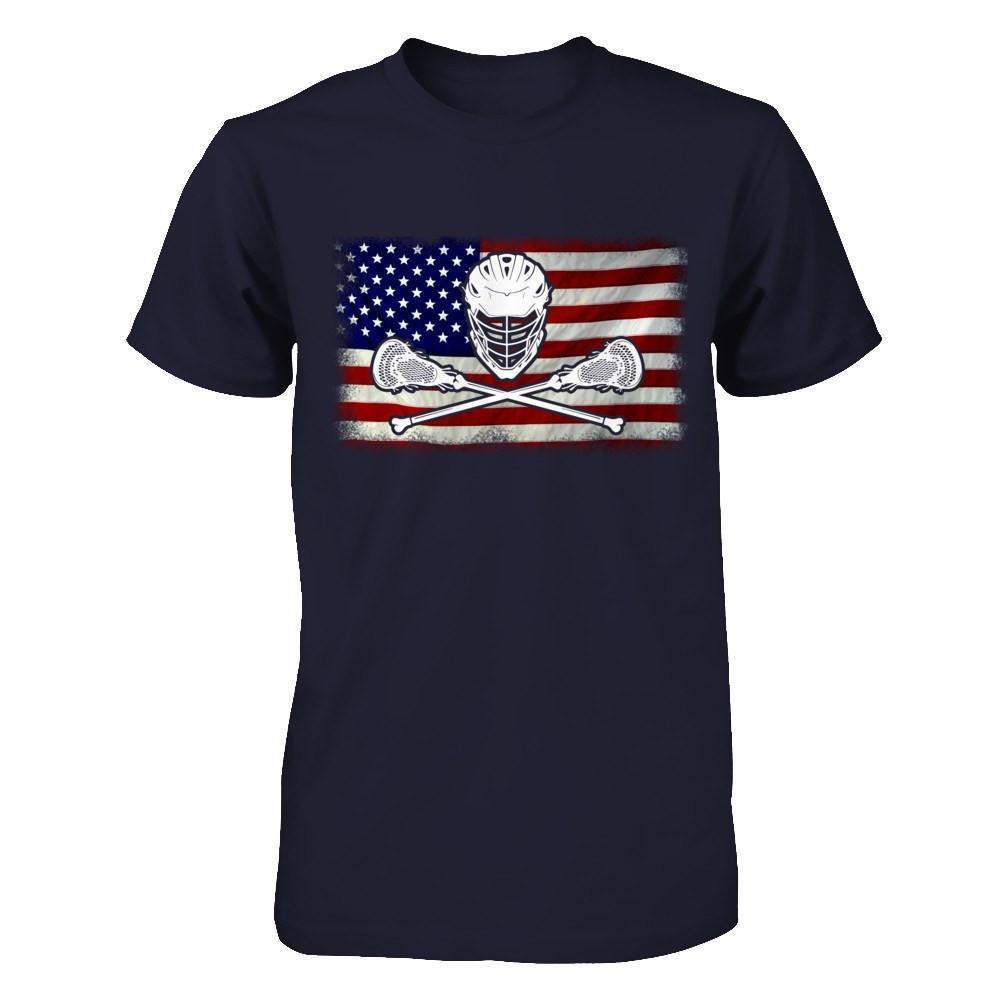 Lacrosse Helmet Crossed America Flag-T-Shirt & Hoodie-Premium T-Shirt-Midnight Navy