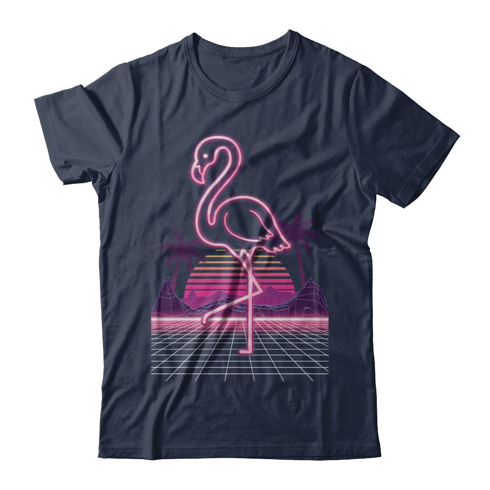 80s Retro Neon Sign Pink Flamingo Bird-T-Shirt & Hoodie-Classic T-Shirt-Navy