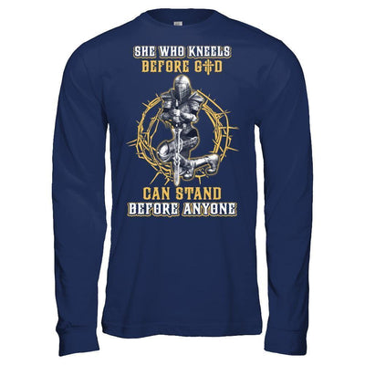 Knight Templar She Who Kneels Before God Can Stand Before Anyone-T-Shirt & Hoodie-Long Sleeve T-Shirt-Navy