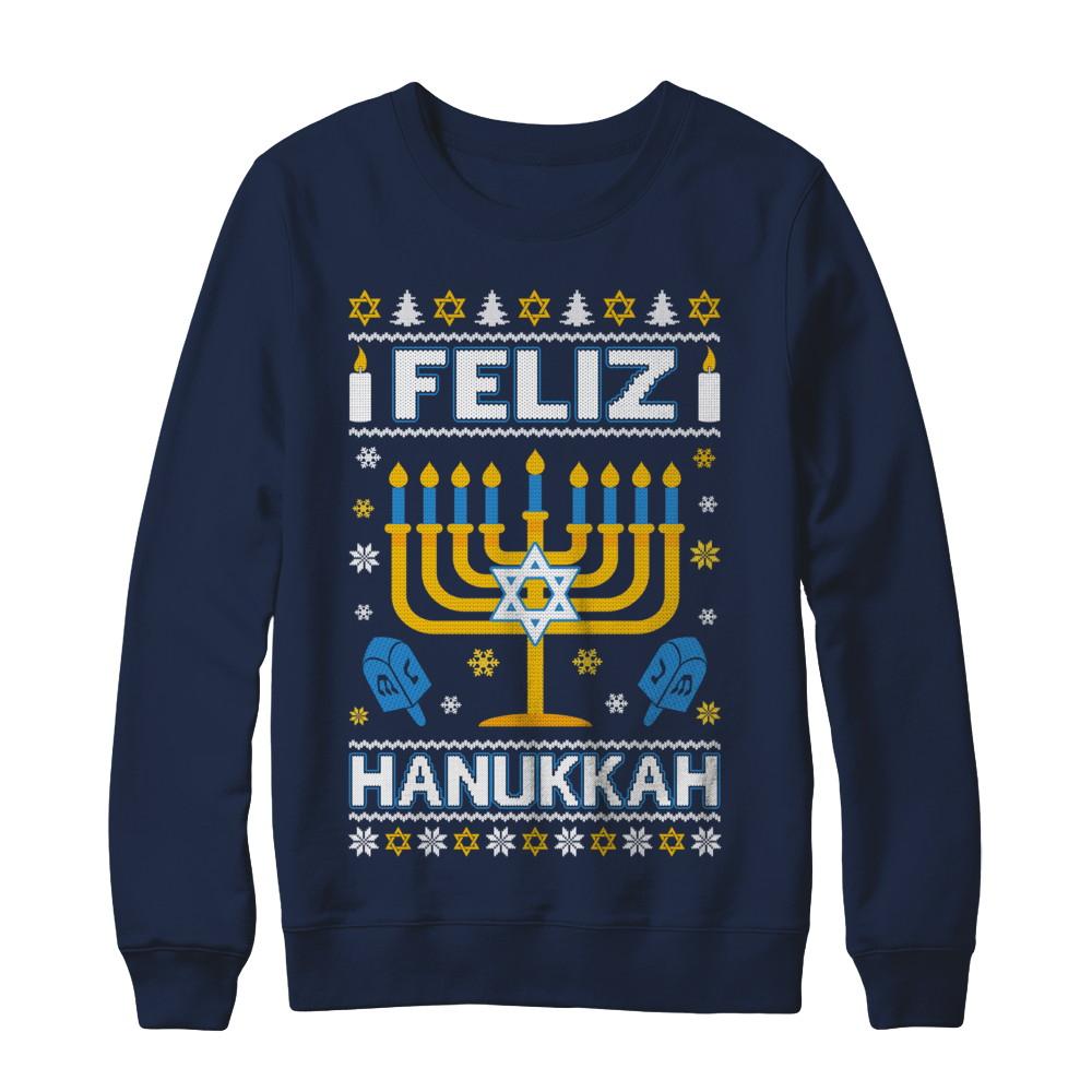 Happy Hanukkah Ugly Sweater Feliz Chanukah Menorah-T-Shirt & Sweatshirt-Crewneck Sweatshirt-Navy