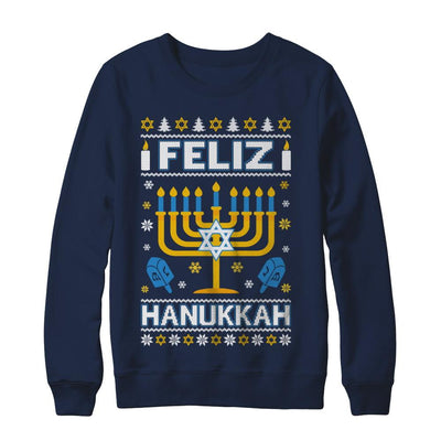 Happy Hanukkah Ugly Sweater Feliz Chanukah Menorah-T-Shirt & Sweatshirt-Crewneck Sweatshirt-Navy