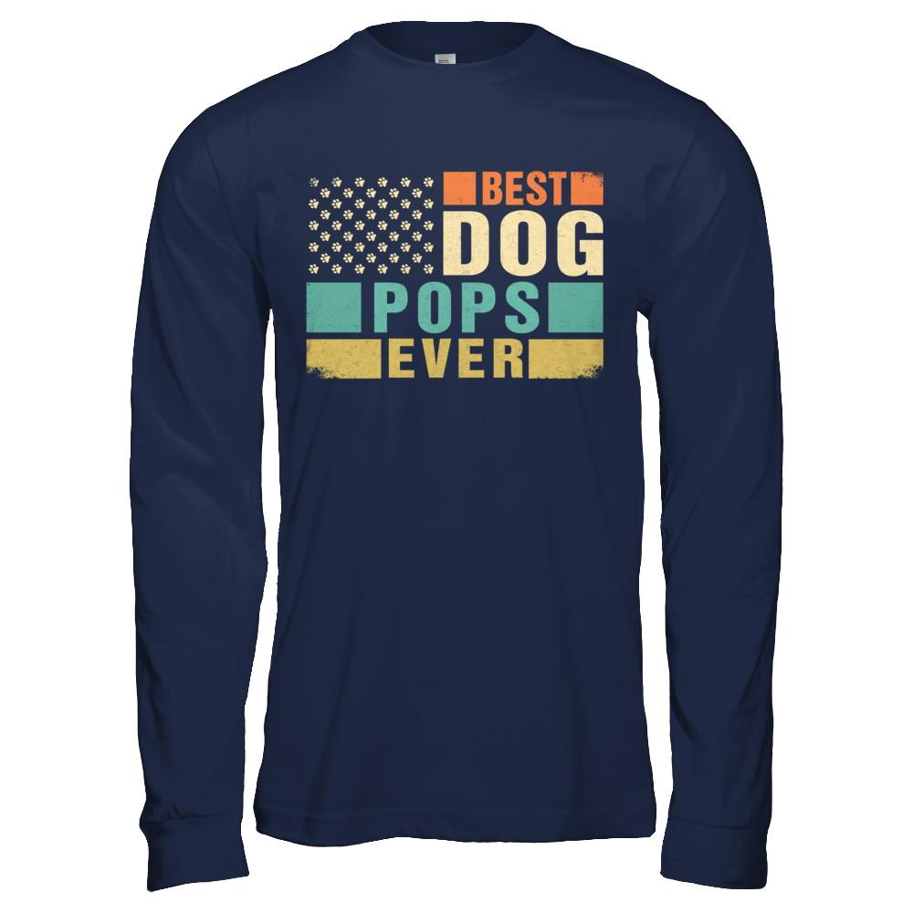 Vintage Retro BEST DOG POPS EVER American Flag Fathers Day-T-Shirt & Hoodie-Long Sleeve T-Shirt-Navy