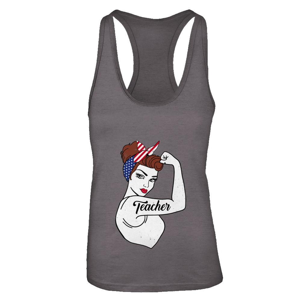 Teacher Vet Strong Woman American Flag Nursing 4Th Of July-T-Shirt & Tank Top-Women's Ideal Racerback Tank-Dark Grey