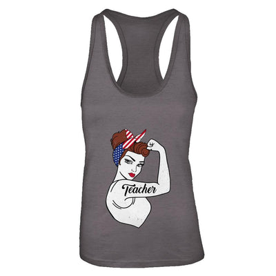 Teacher Vet Strong Woman American Flag Nursing 4Th Of July-T-Shirt & Tank Top-Women's Ideal Racerback Tank-Dark Grey
