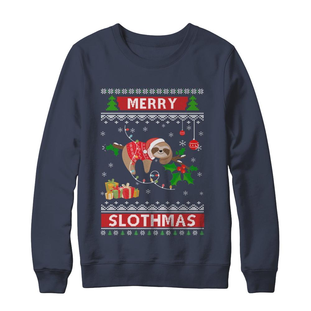 Merry Slothmas Funny Sloth Ugly Christmas Sweater-T-Shirt & Sweatshirt-Crewneck Sweatshirt-Navy