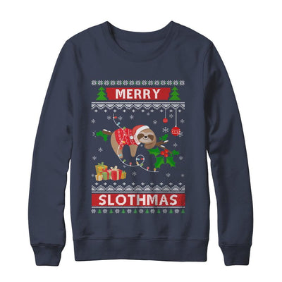 Merry Slothmas Funny Sloth Ugly Christmas Sweater-T-Shirt & Sweatshirt-Crewneck Sweatshirt-Navy